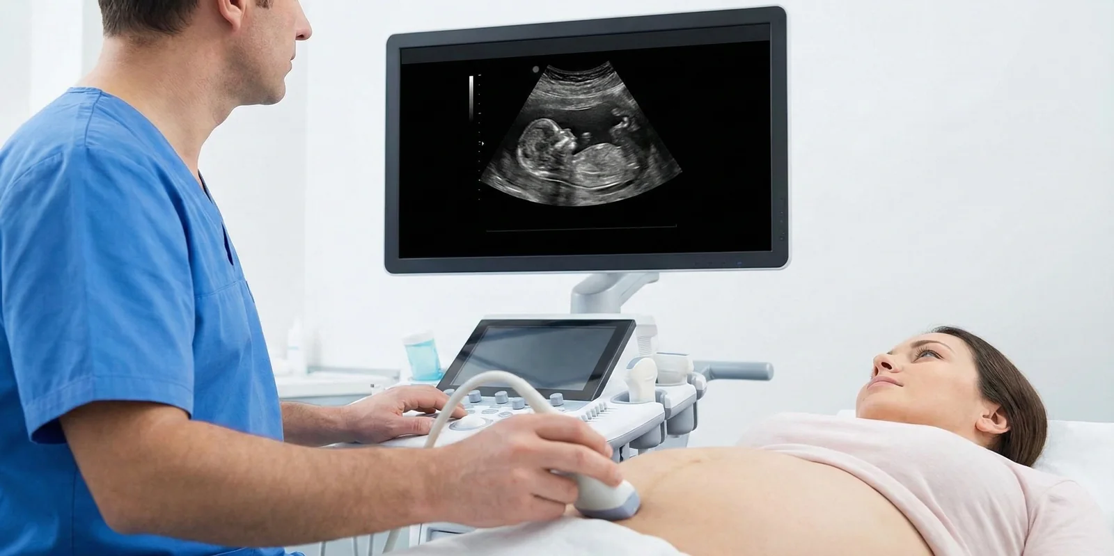 Ecografia ostetrica: medico e paziente davanti al monitor dell'ecografo