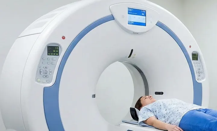 Dettaglio del gantry di un sistema TAC con pannello di controllo