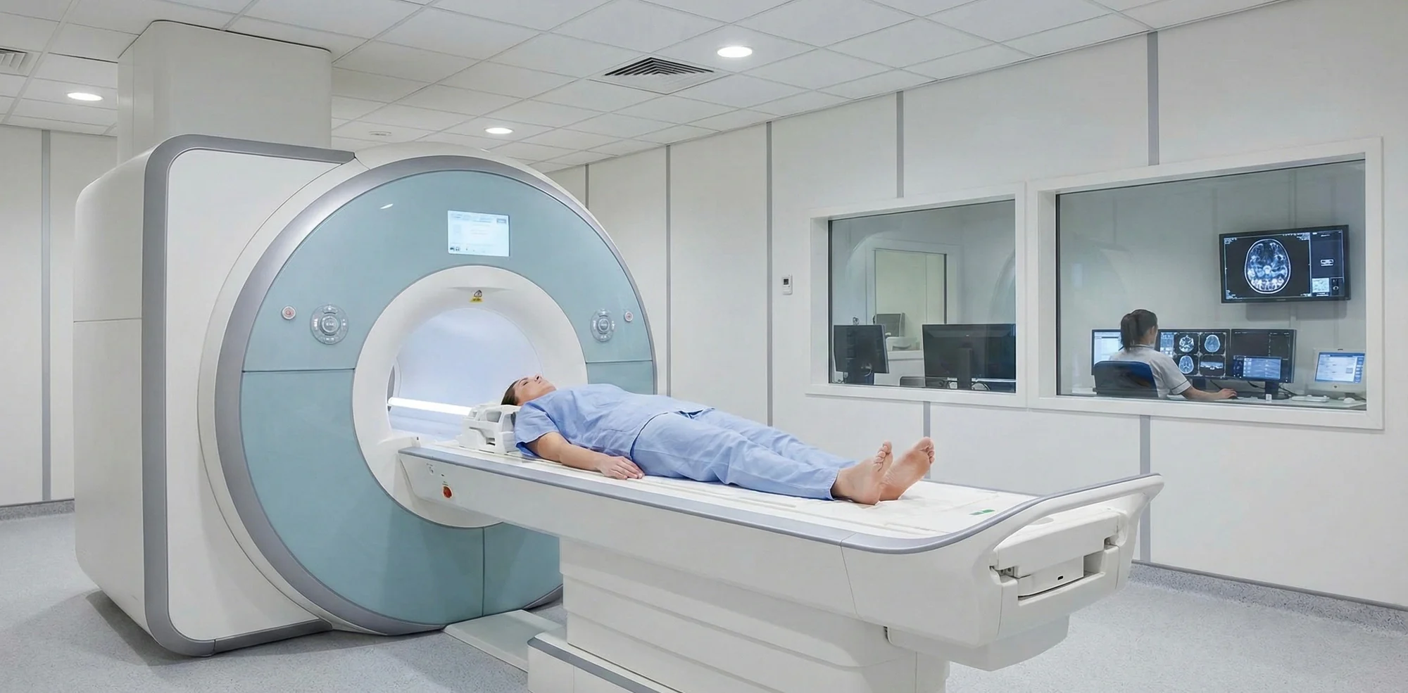 Sala di risonanza magnetica ad alto campo con paziente sul lettino e locale comandi