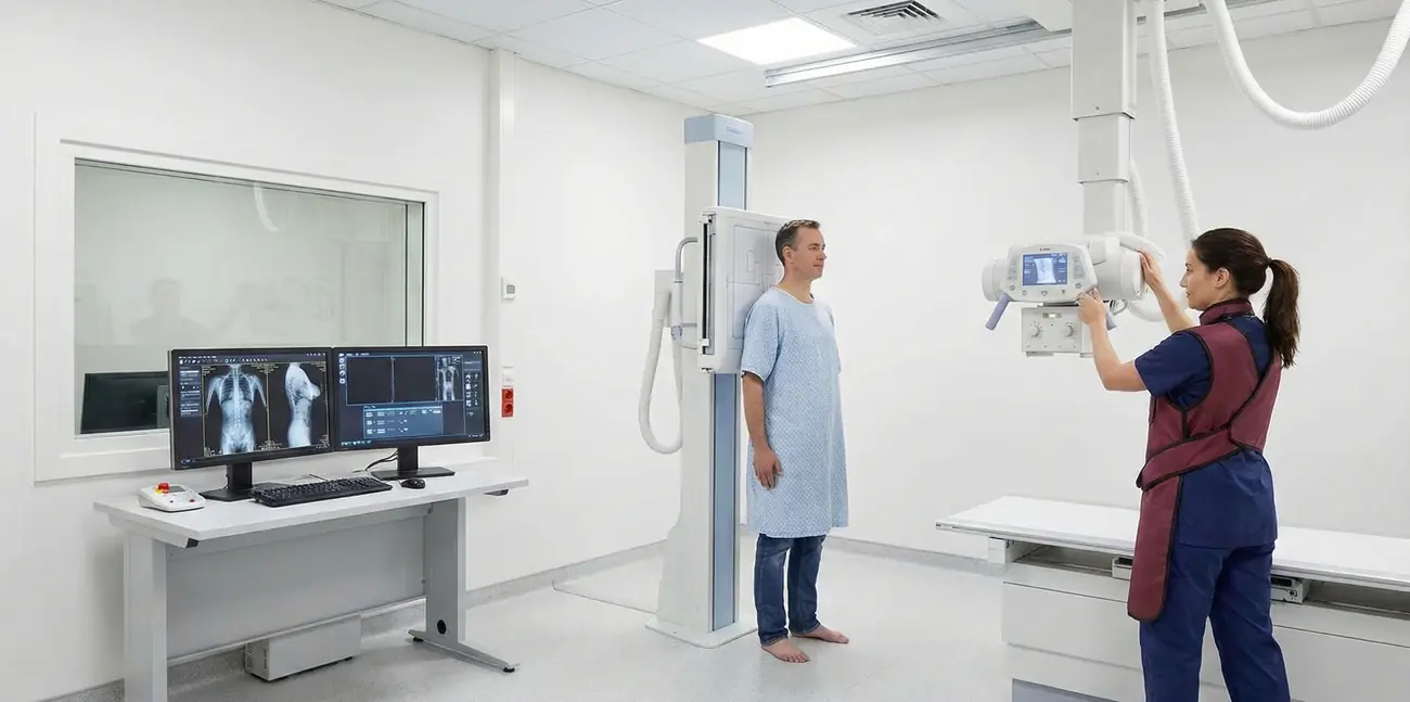 Sala di radiologia digitale DR con consolle, teleradiografo e stativo pensile