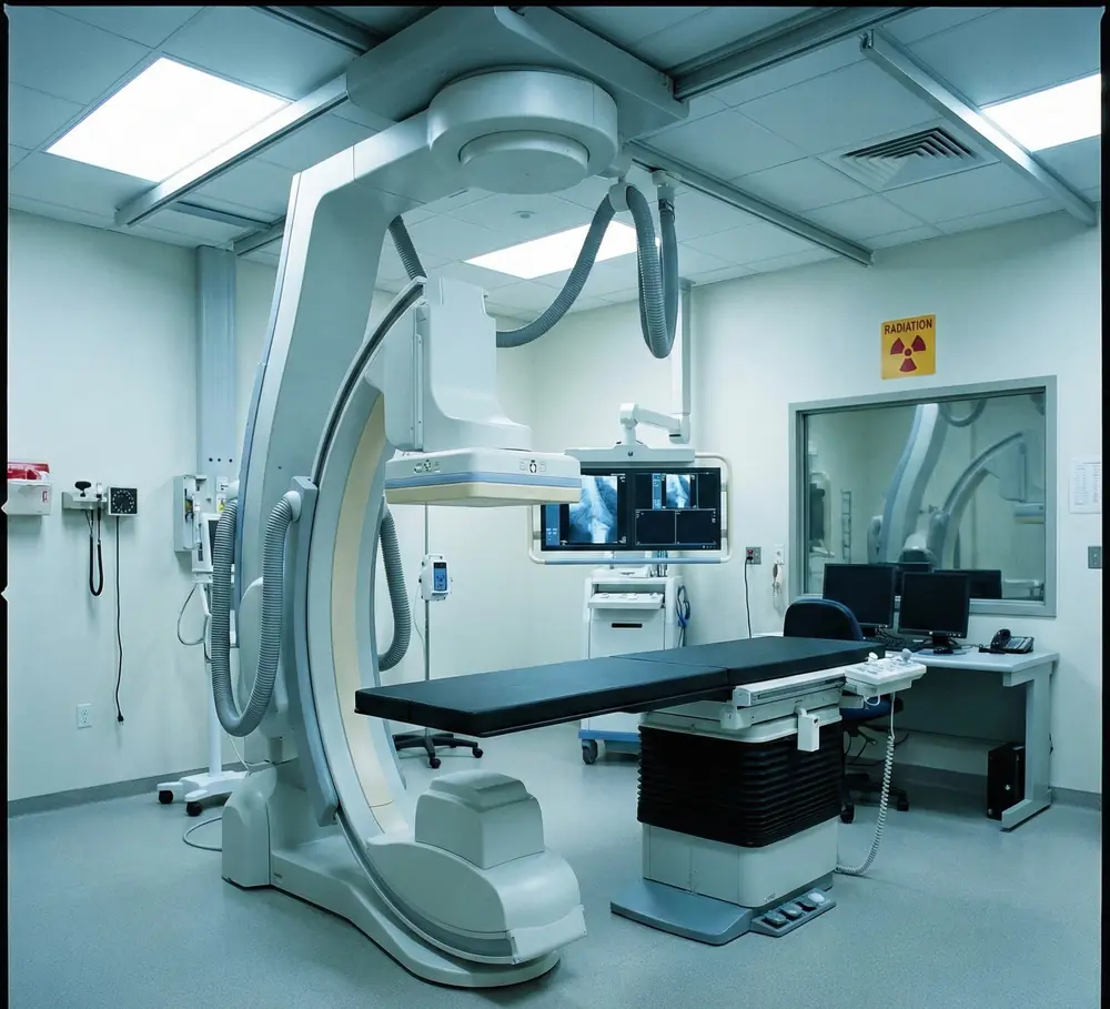 Sala di fluoroscopia con arco a C pensile e tavolo radiologico
